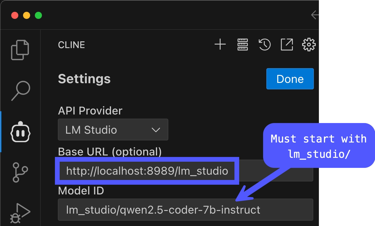Cline settings for LM Studio